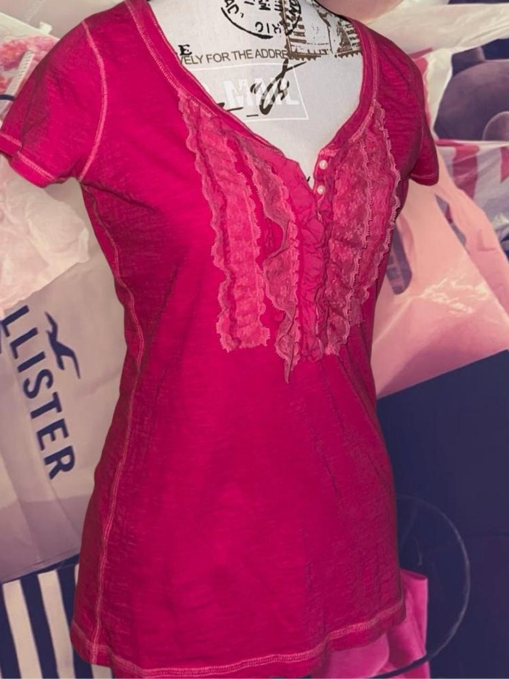 Abercrombie & Fitch/Hollister Hot Pink Lace Ruffle Henley Top Button Up